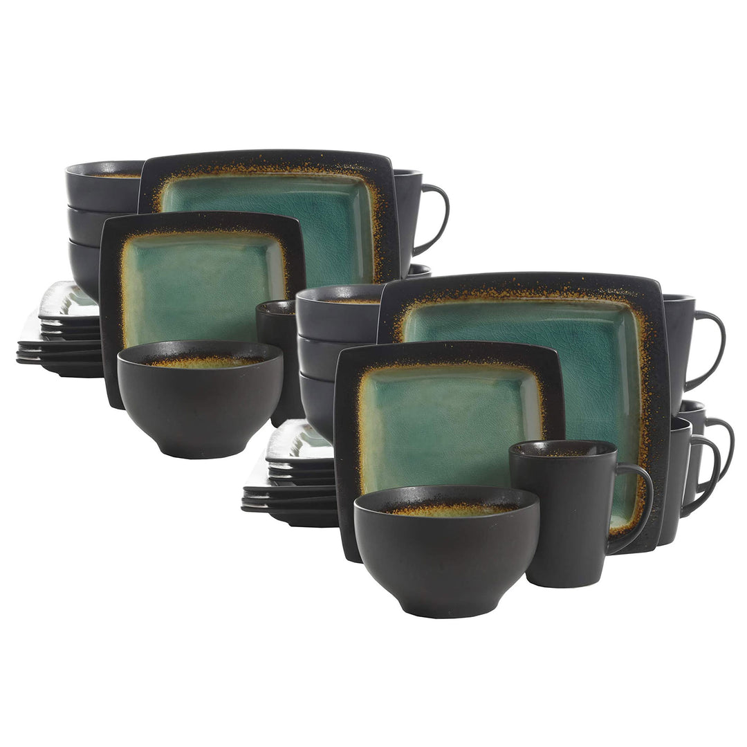 Gibson Elite Ocean Paradise 16Pc Square Glazed Kitchen Dish Set, Jade (2 Pack)