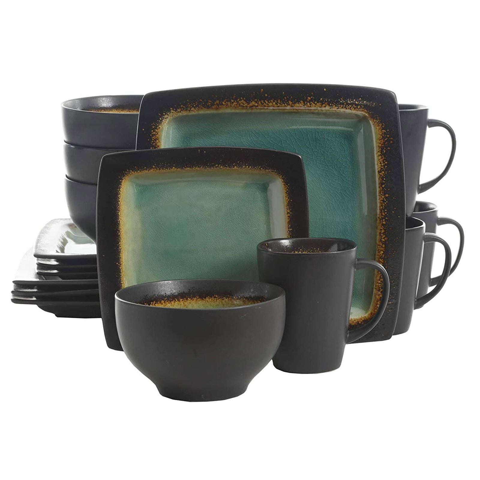 Gibson Elite Ocean Paradise 16Pc Square Glazed Kitchen Dish Set, Jade (2 Pack) - VMInnovations