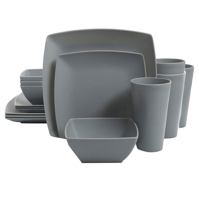 Gibson Home 16pc Square Melamine Dinnerware Plates, Bowls, & Cups, Grey (4 Pack)