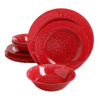 Gibson Studio California Mauna 12-Piece Melamine Dinnerware Set, Red (2 Pack) - VMInnovations