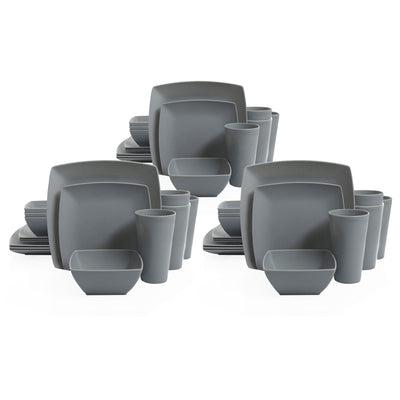 Gibson Home 16 Piece Square Dinnerware Set Plates, Bowls, & Cups, Grey (3 Pack)