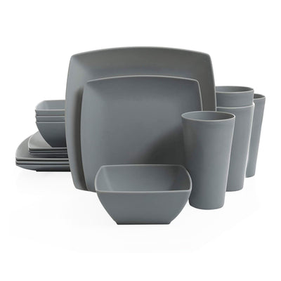 Gibson Home 16 Piece Square Dinnerware Set Plates, Bowls, & Cups, Grey (3 Pack)