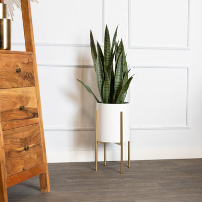 S33553 Medium Contemporary Faux Plant Stand, White and Gold (Used)