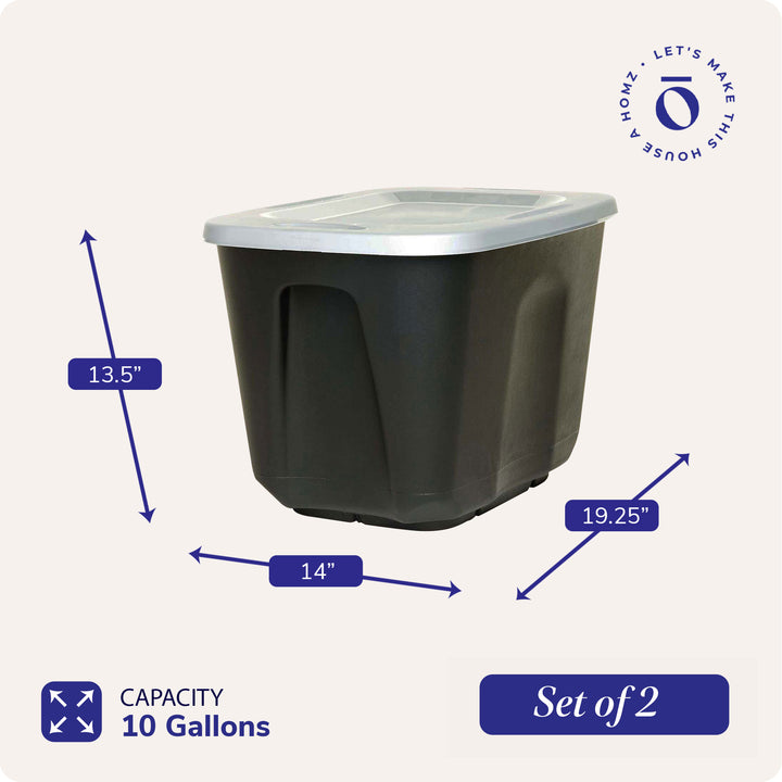 Homz 6610BKTS.10 10 Gallon Molded Plastic Storage Bin with Secure Lid (2 Pack)