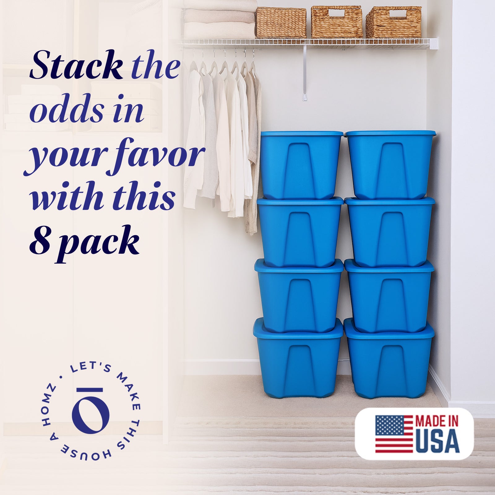 Homz 18 Gallon Standard Plastic Storage Container with Secure Lid, Blue, 8 Pack - VMInnovations