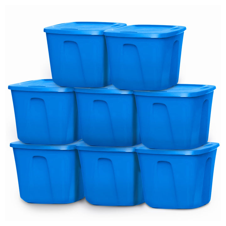 Homz 18 Gallon Standard Plastic Storage Container with Secure Lid, Blue, 8 Pack