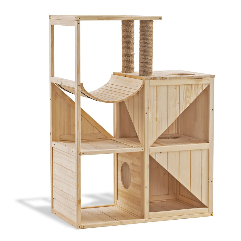 MCombo Wooden Indoor Cat House with Scratching Columns, Hammock and Enclosures