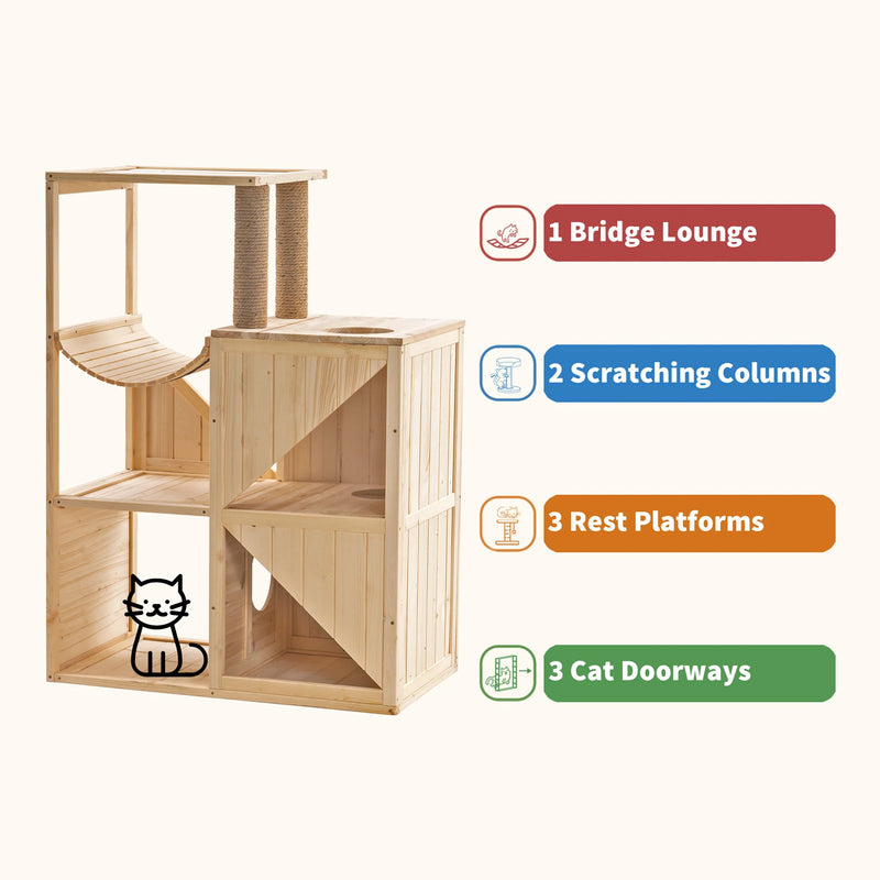 MCombo Wooden Indoor Cat House with Scratching Columns, Hammock and Enclosures