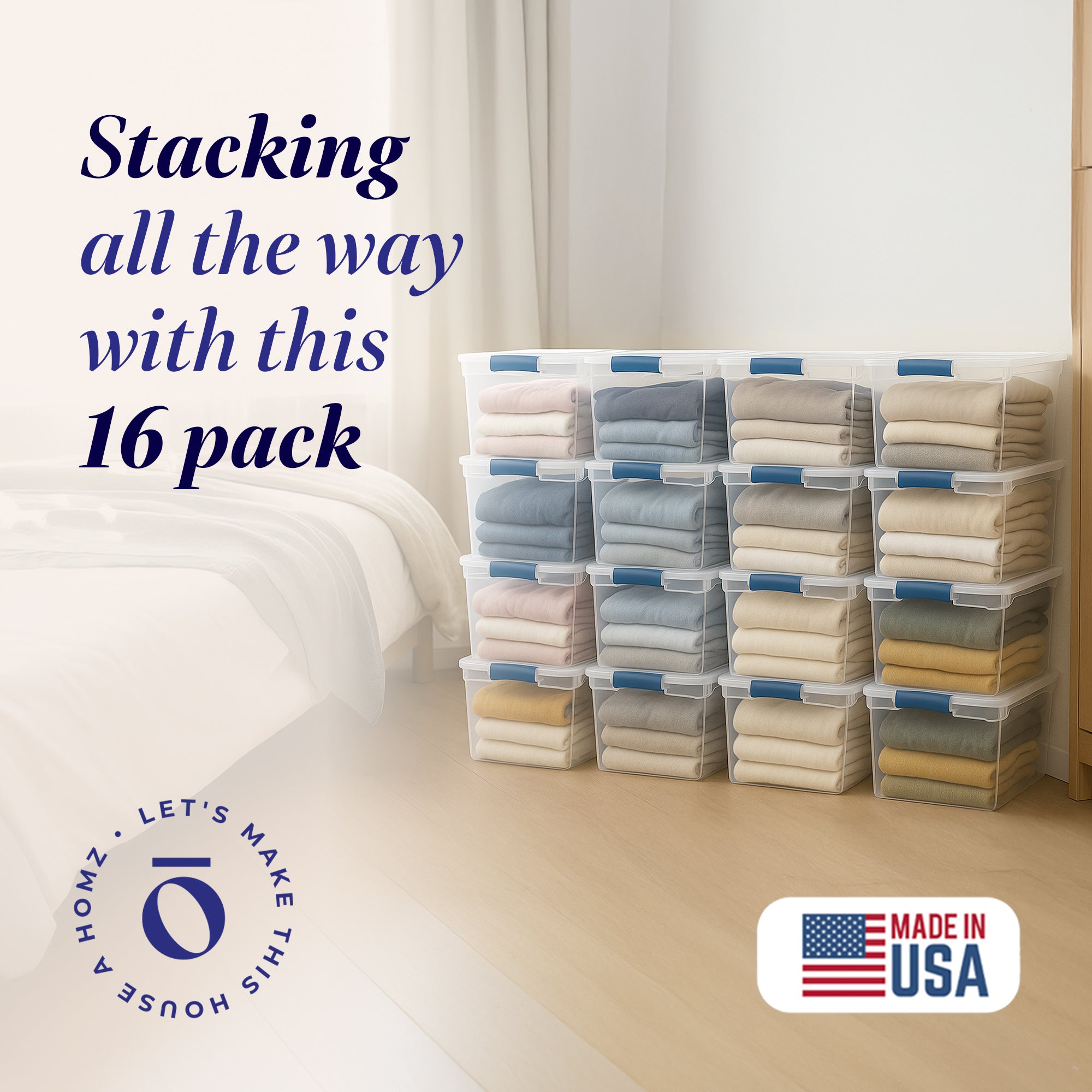 Homz 31 Quart Heavy Duty Clear Plastic Stackable Storage Containers, 16 Pack