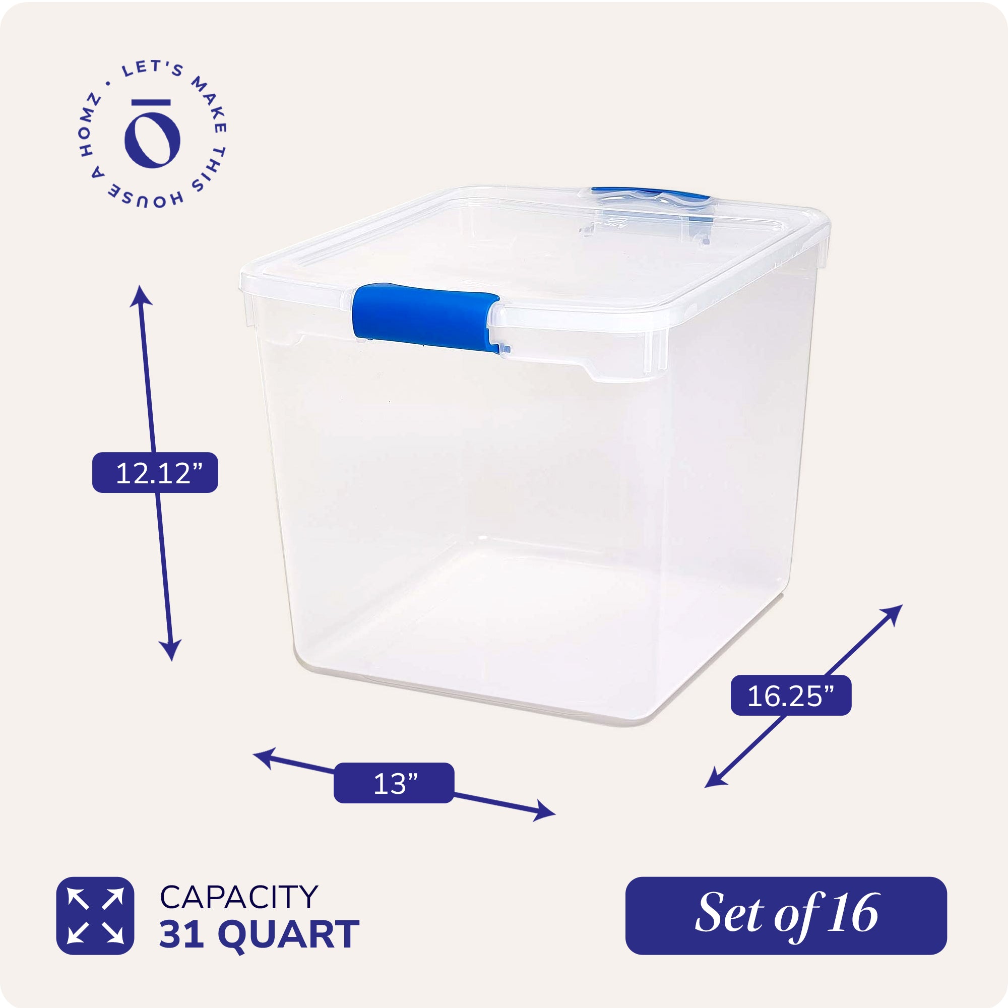 Homz 31 Quart Heavy Duty Clear Plastic Stackable Storage Containers, 16 Pack