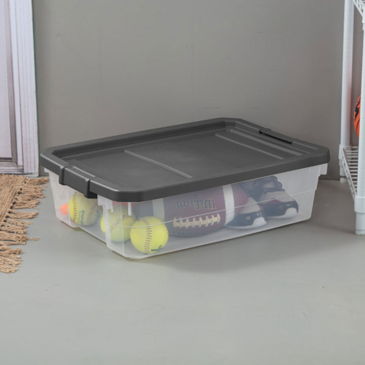 Sterilite 40 Quart Plastic Under Bed Storage Bin Tote & Latch Lid, 18 Pack, Gray