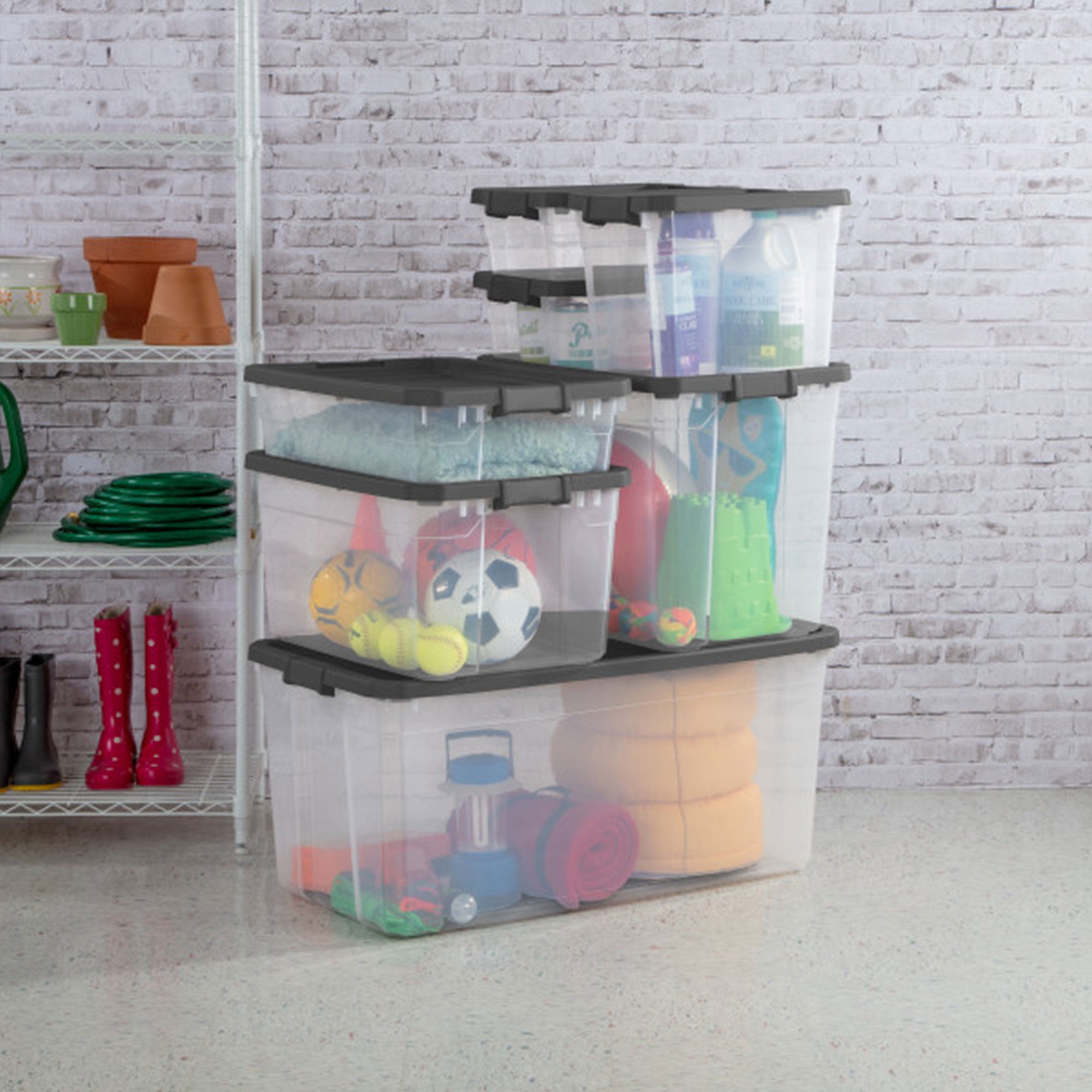 Sterilite 40 Quart Plastic Storage Bin Tote & Latch Lid, 6 Pack, Gray