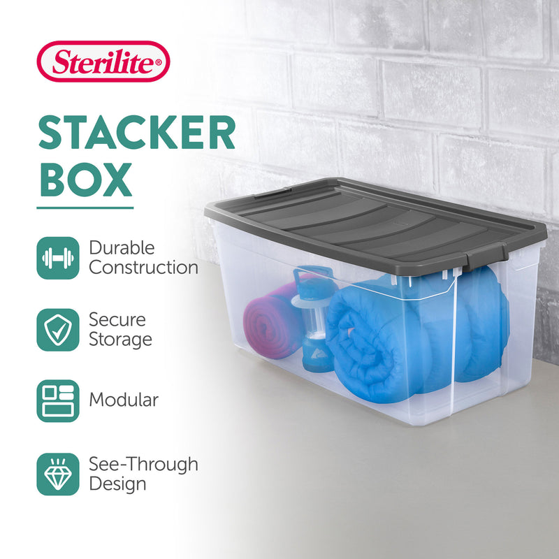 Sterilite 200 Quart Clear Stackable Latching Storage Box Container, Grey, 6 Pack