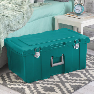 Sterilite Wheeled Footlocker, Plastic Utility Lockable Storage Container, Teal - VMInnovations