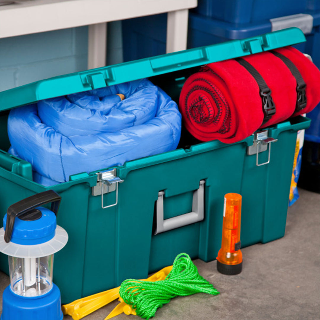 Sterilite Wheeled Footlocker, Plastic Utility Lockable Storage Container, Teal