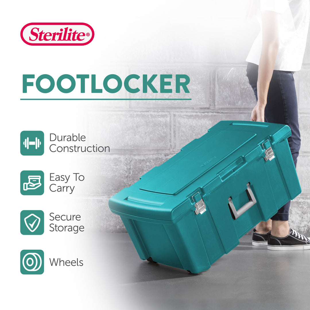 Sterilite Wheeled Footlocker, Plastic Utility Lockable Storage Container, Teal