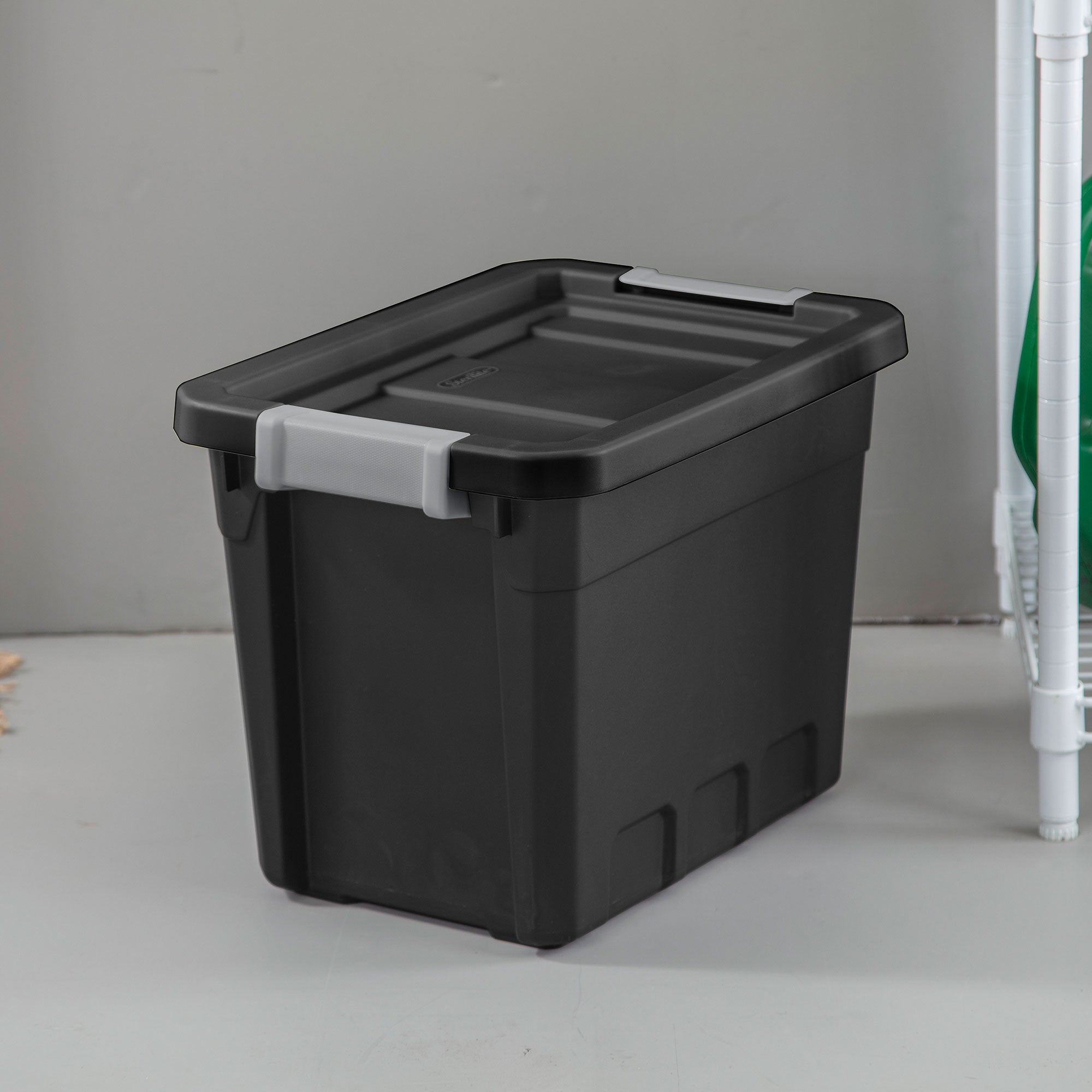 Sterilite 7.5 Gal Rugged Industrial Stacker Storage Tote w/ Gray Clip Lid, Black