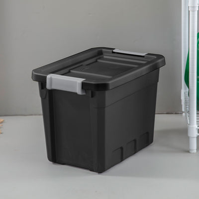 Sterilite 7.5 Gal Rugged Industrial Stacker Storage Tote w/ Gray Clip Lid, Black