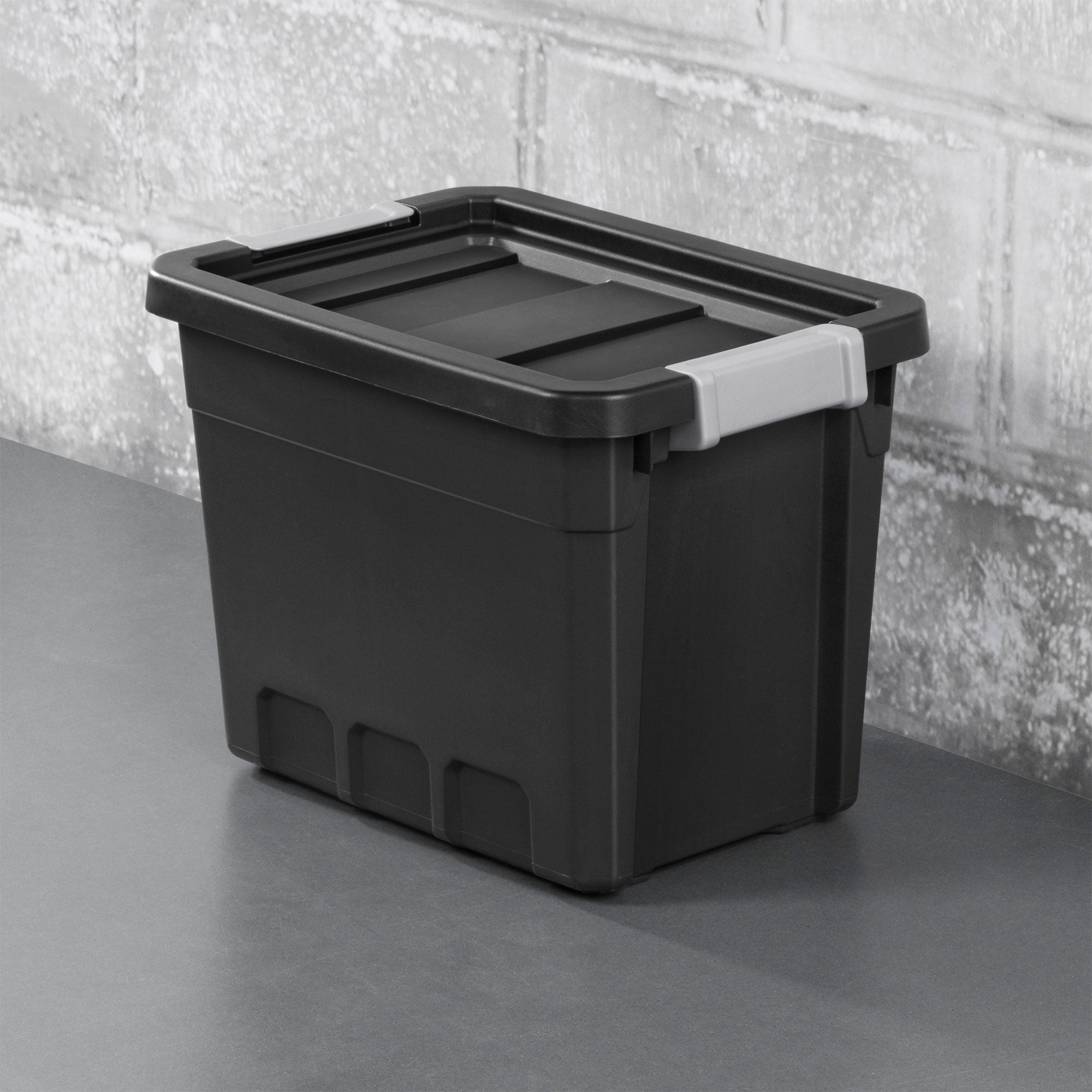 Sterilite 7.5 Gal Rugged Industrial Stacker Storage Tote w/ Gray Clip Lid, Black