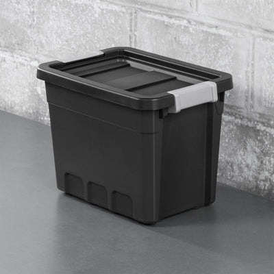 Sterilite 7.5 Gal Rugged Industrial Stacker Storage Tote w/ Gray Clip Lid, Black