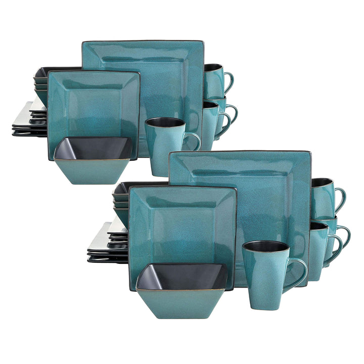 Gibson Elite Kiesling 16 Pc Plates, Bowls, & Mugs Dinner Set, Turquoise (2 Pack)