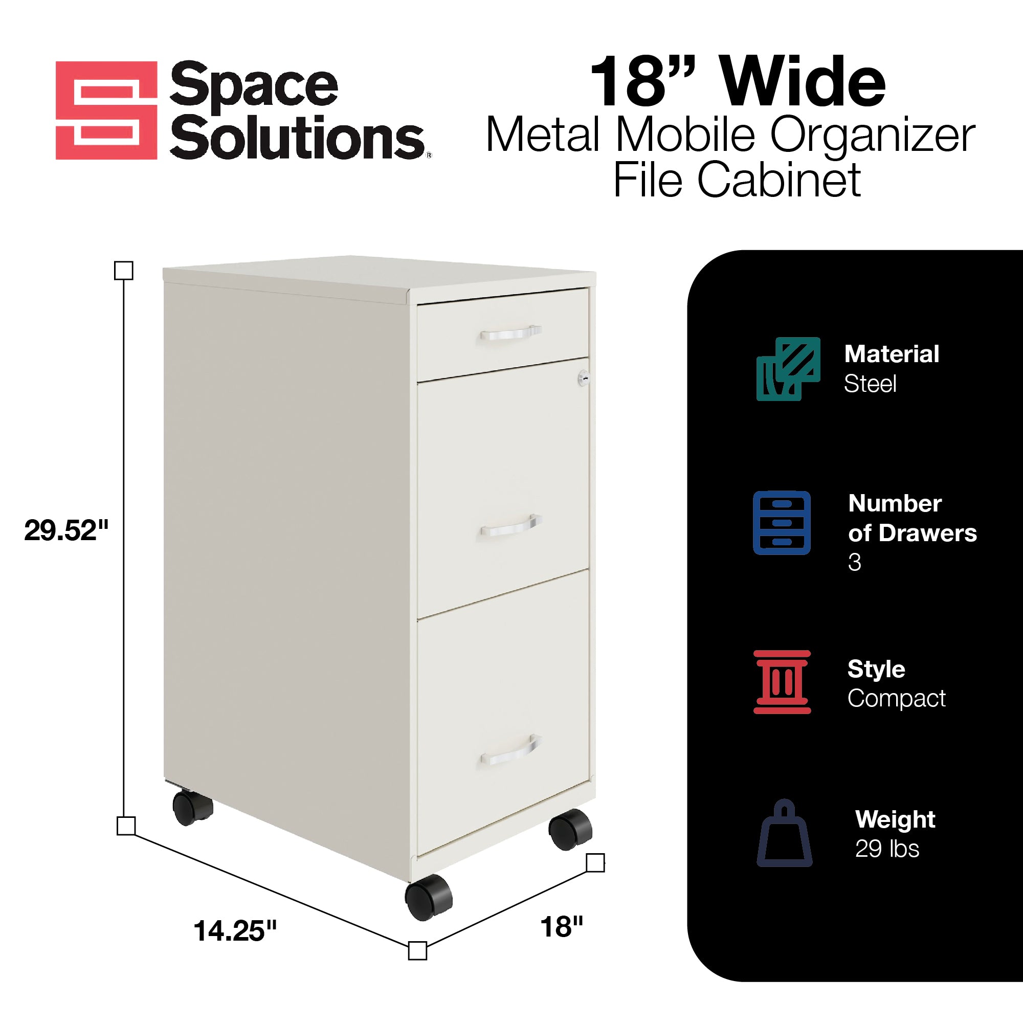 Space Solutions 18 Inch Wide 3 Drawer Mobile Cabinet for Office (Open Box) - VMInnovations