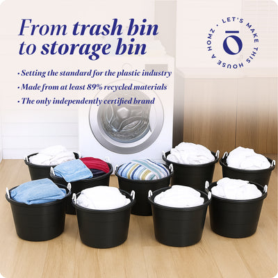 Homz 18 Gallon Plastic Utility Storage Bucket Tub w/ Rope Handles, Black, 8 Pack