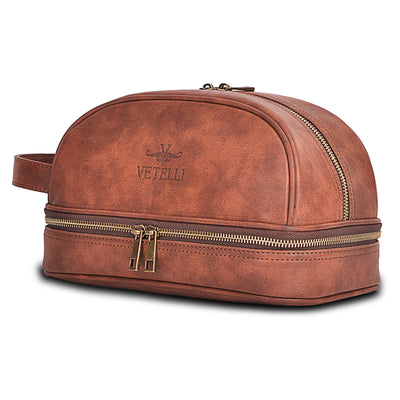 Classic Leather Travel Toiletry Bag and Dopp Kit w/ 2 Compartments (Open Box) - VMInnovations