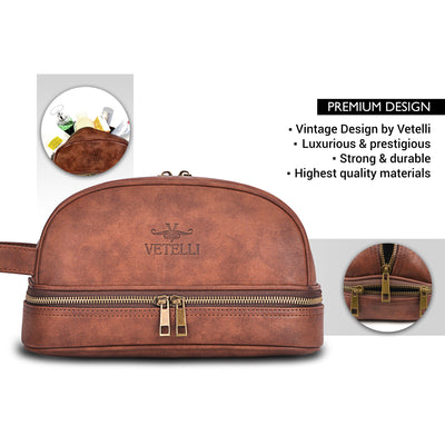 Classic Leather Travel Toiletry Bag and Dopp Kit w/ 2 Compartments (Open Box) - VMInnovations