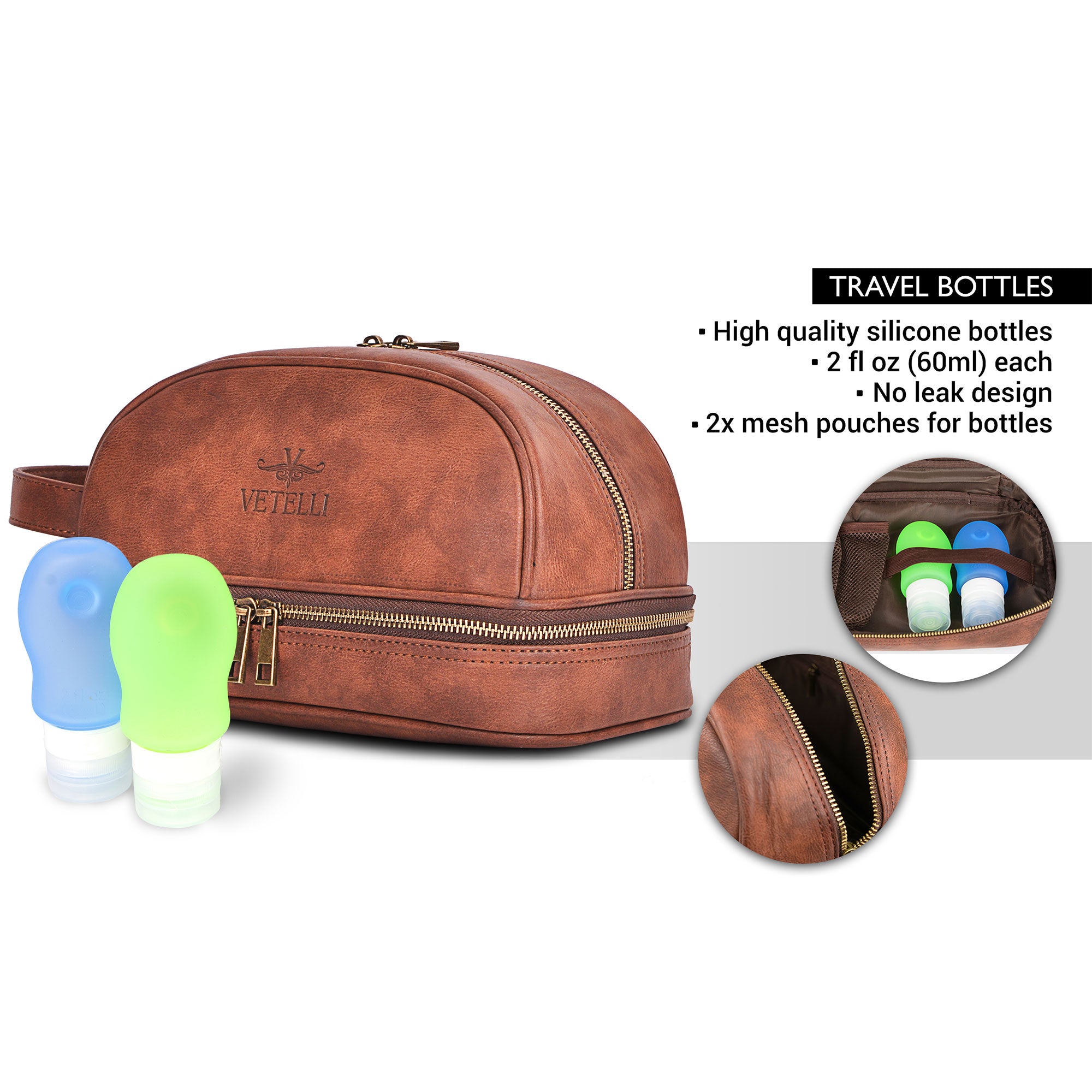 Classic Leather Travel Toiletry Bag and Dopp Kit w/ 2 Compartments (Open Box) - VMInnovations