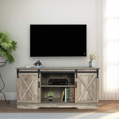58-In Sliding Barn Door Wooden Farmhouse TV Stand, Natural Tan (For Parts) - VMInnovations