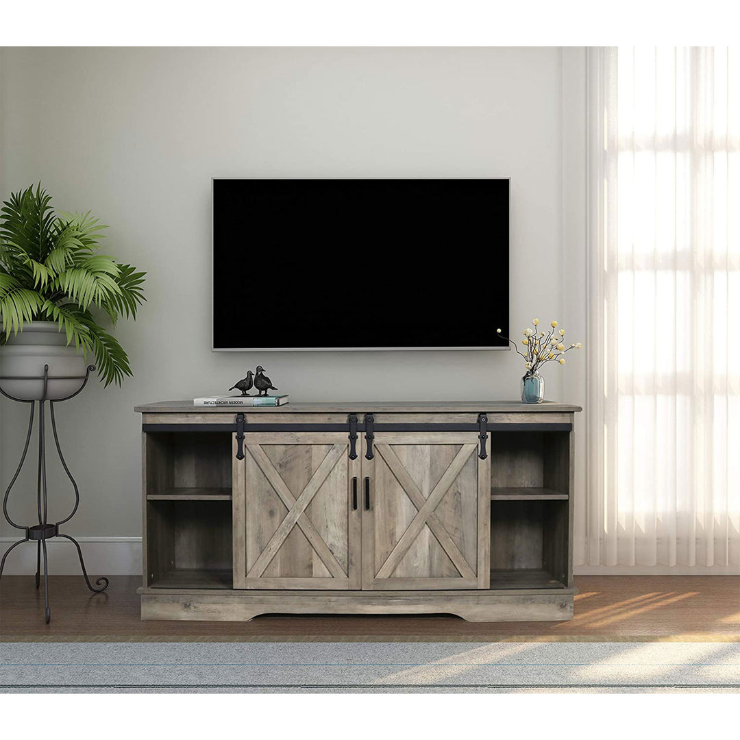 GHQME 58-Inch Sliding Barn Door Wooden Farmhouse Universal TV Stand, Natural Tan