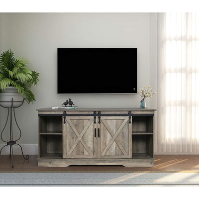 58-In Sliding Barn Door Wooden Farmhouse TV Stand, Natural Tan (For Parts) - VMInnovations