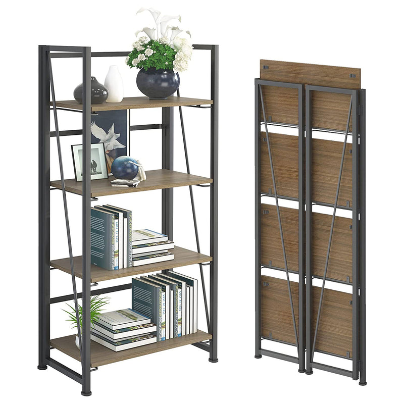 GHQME Space Saving 4 Tiered Folding Bookcase Storage Shelves, Brown and Black