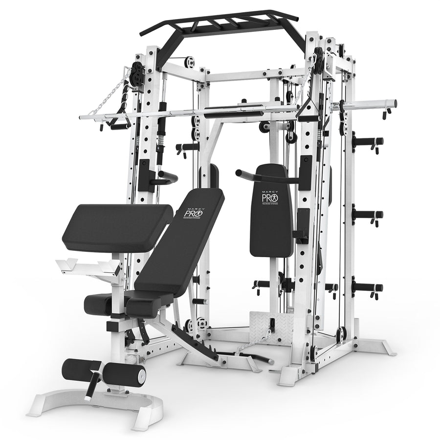 Marcy SM-7409 Smith Machine Cage Multi Purpose Home Gym Training System, White - VMInnovations