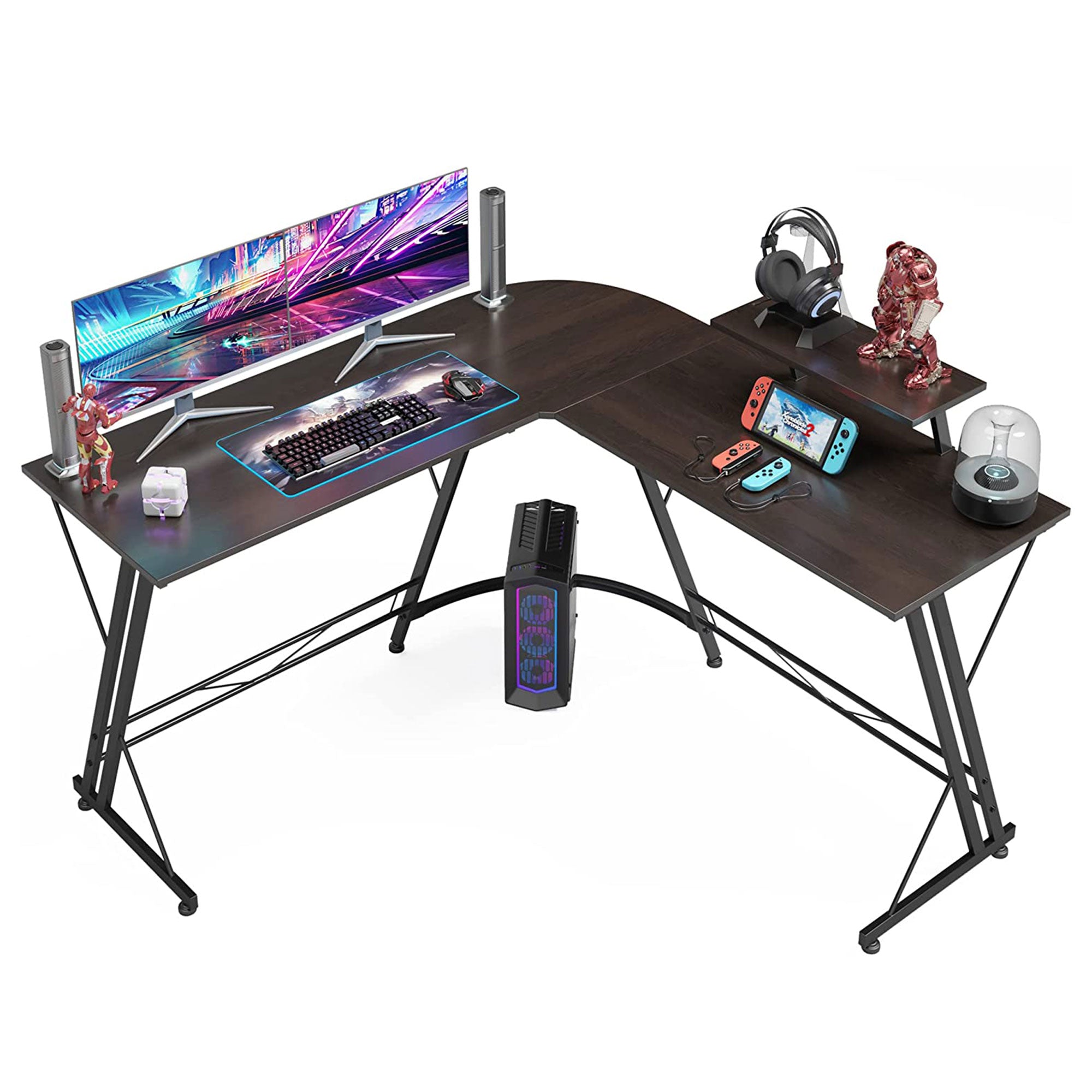 Somdot L Shaped Corner Gaming and Computer Desk with Monitor Stand, Black Walnut - VMInnovations