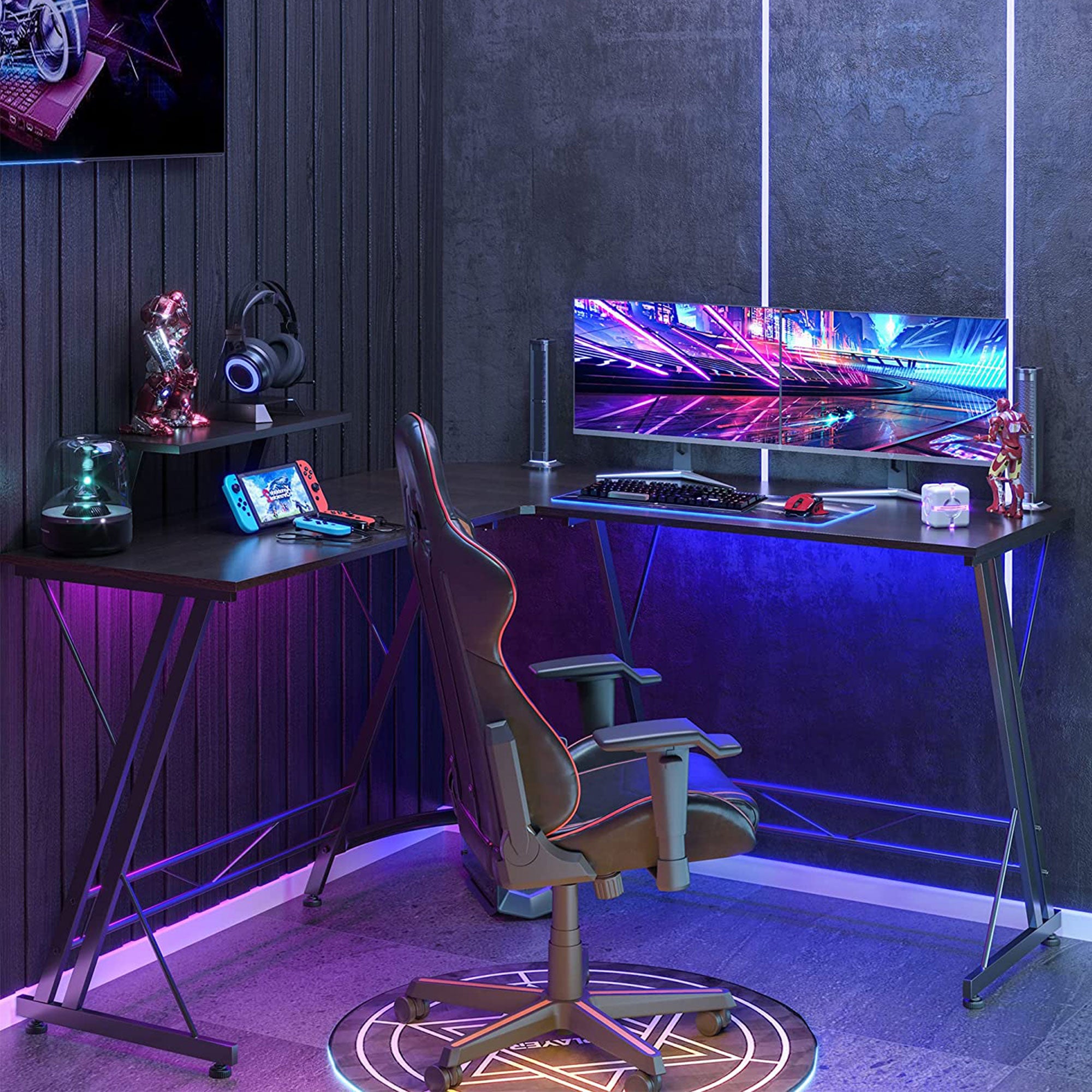 Somdot L Shaped Corner Gaming and Computer Desk with Monitor Stand, Black Walnut - VMInnovations
