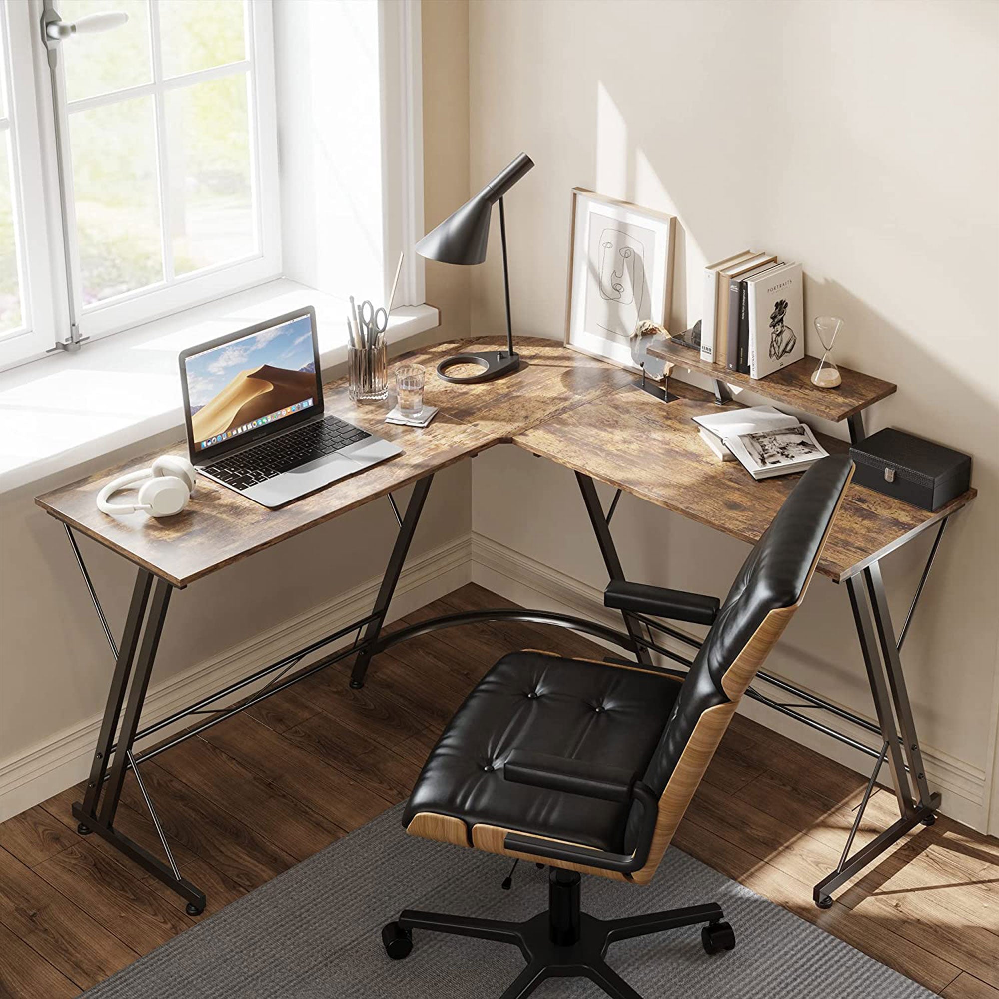 Somdot L Shaped Corner Gaming and Computer Desk with Monitor Stand, Brown Wood