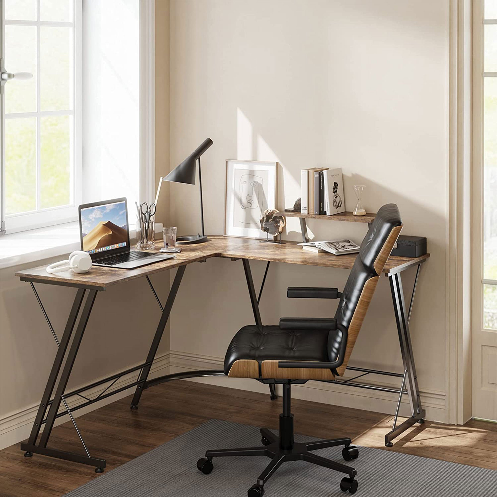 Somdot L Shaped Corner Gaming and Computer Desk with Monitor Stand, Brown Wood