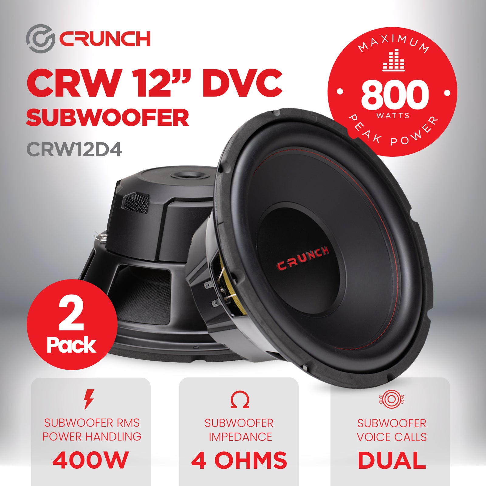 Crunch CRW12D4 12 Inch MAX 4 Ohm Dual Voice Coil Car Subwoofer Speakers (2 Pack) - VMInnovations