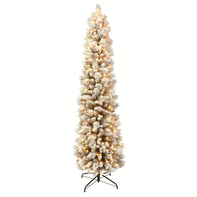 Puleo International Snowy 9 Foot Prelit Artificial Flocked Pencil Christmas Tree