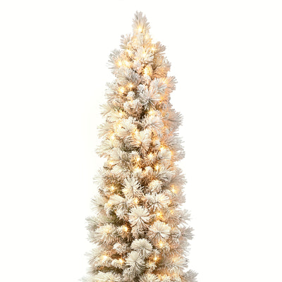 Puleo International Snowy 9 Foot Prelit Artificial Flocked Pencil Christmas Tree