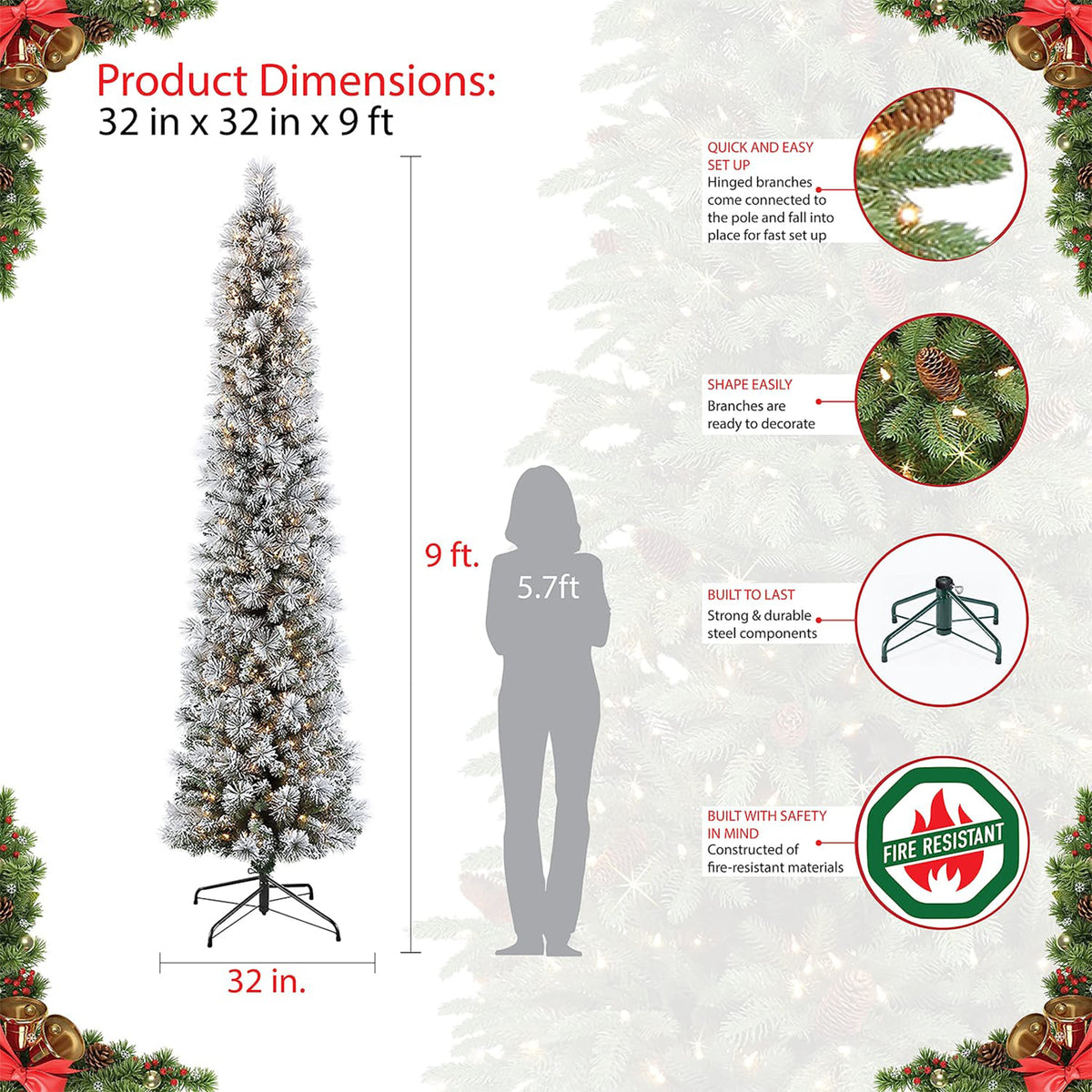 Puleo International Snowy 9 Foot Prelit Artificial Flocked Pencil Christmas Tree