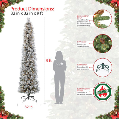 Puleo International Snowy 9 Foot Prelit Artificial Flocked Pencil Christmas Tree