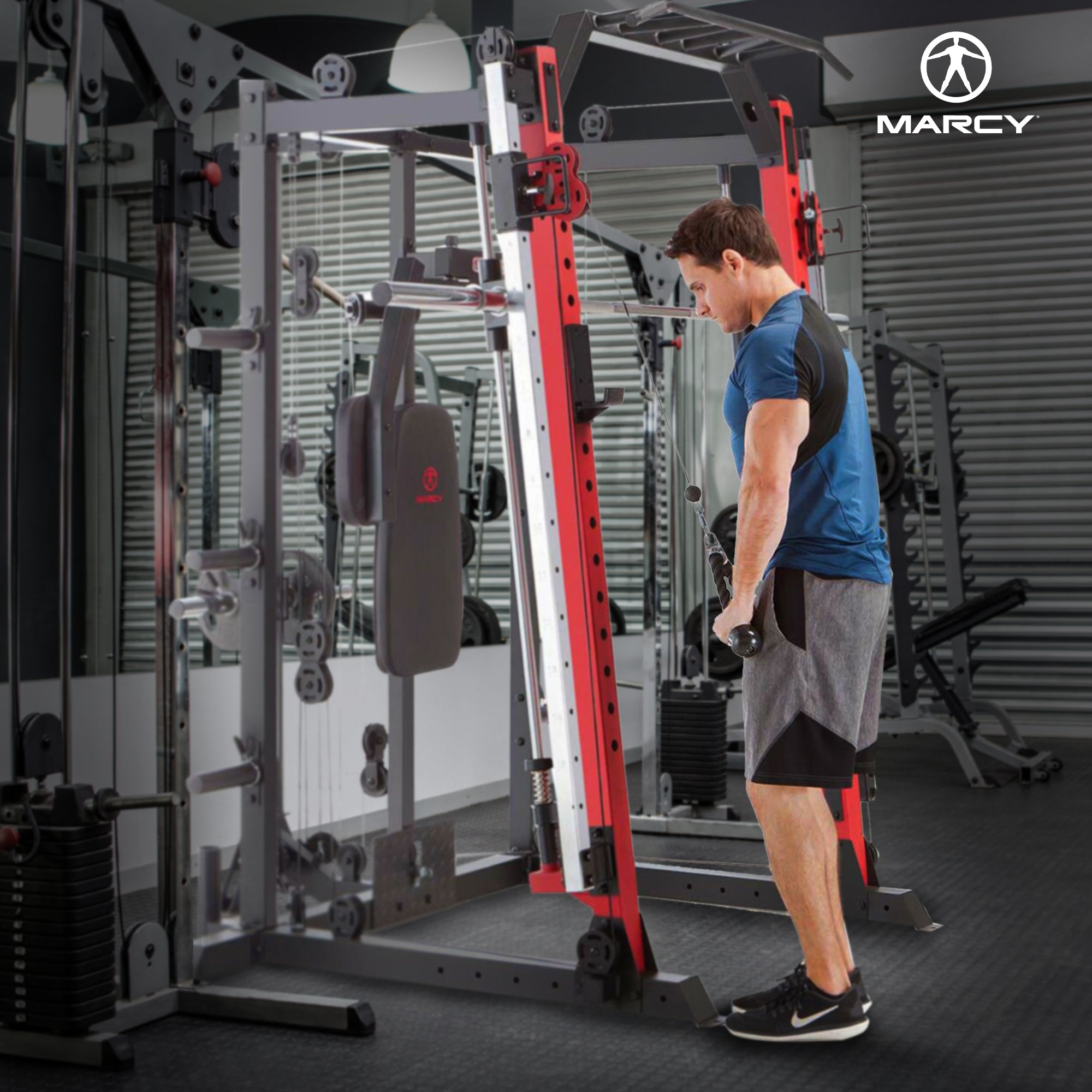 Marcy SM-4033 Smith Machine Cage Multi Purpose Home Gym Training System, Red - VMInnovations