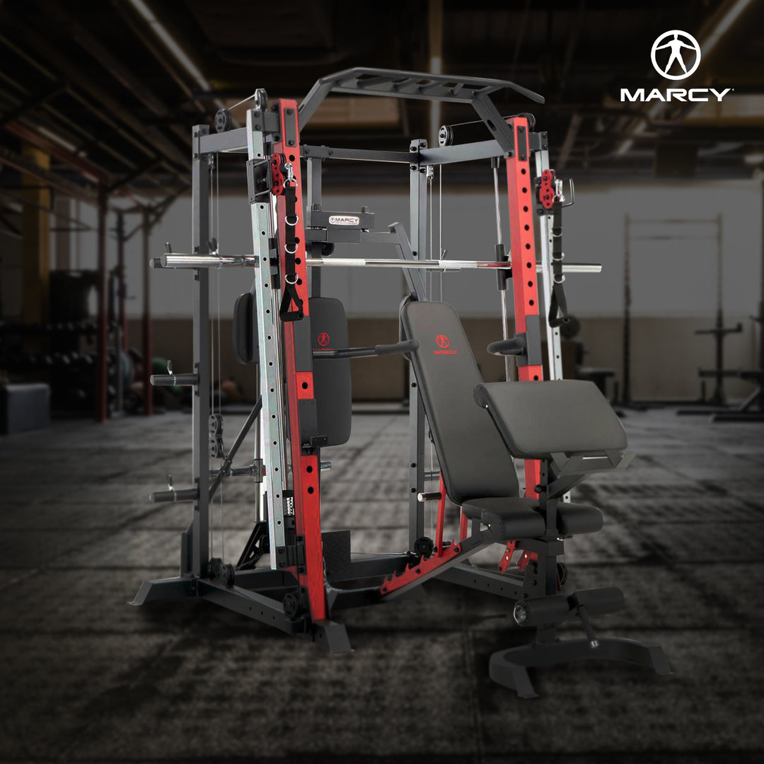 Marcy SM-4033 Smith Machine Cage Multi Purpose Home Gym Training System, Red - VMInnovations