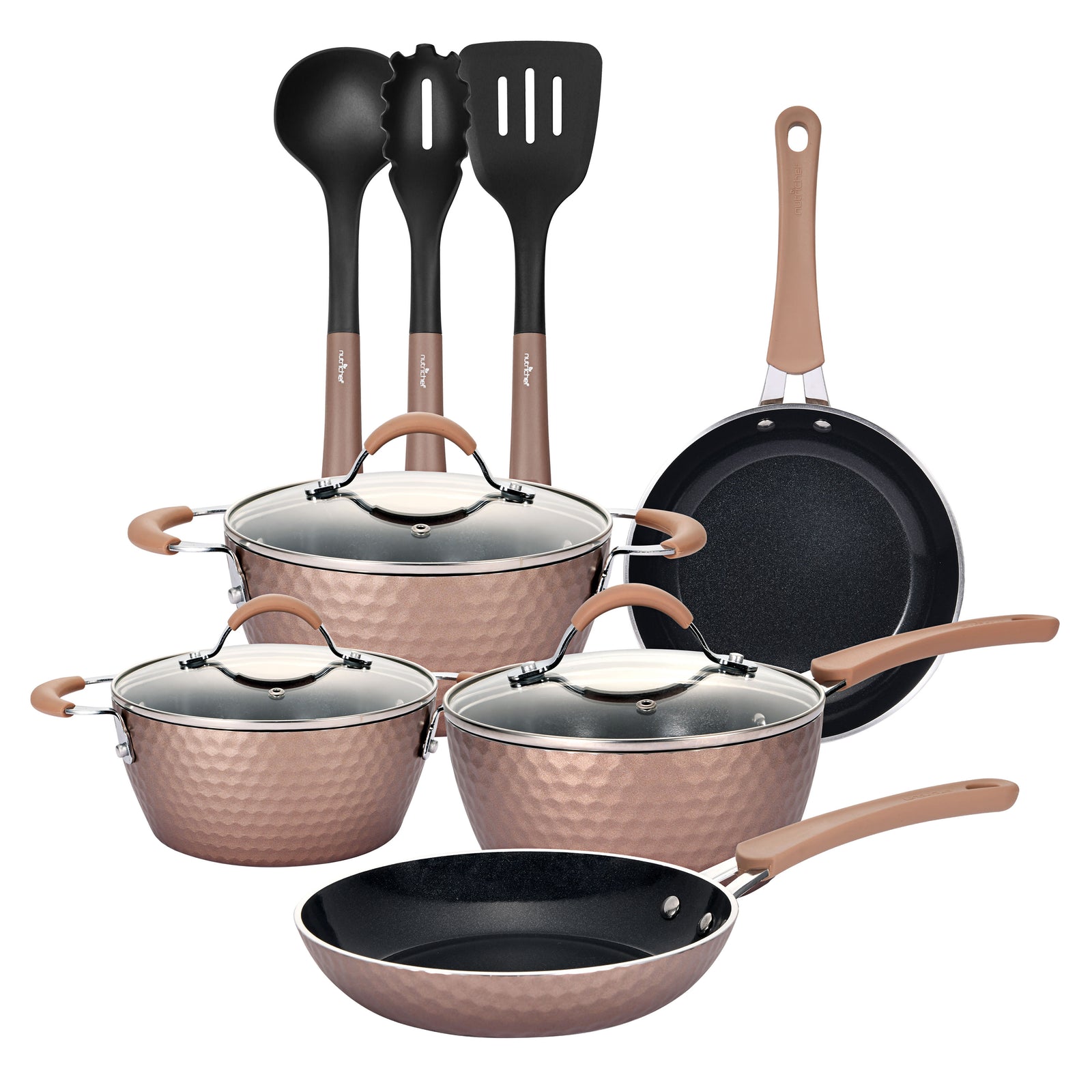 NutriChef 11 Piece Nonstick Diamond Pattern Kitchen Cookware Set, Allura Bronze - VMInnovations