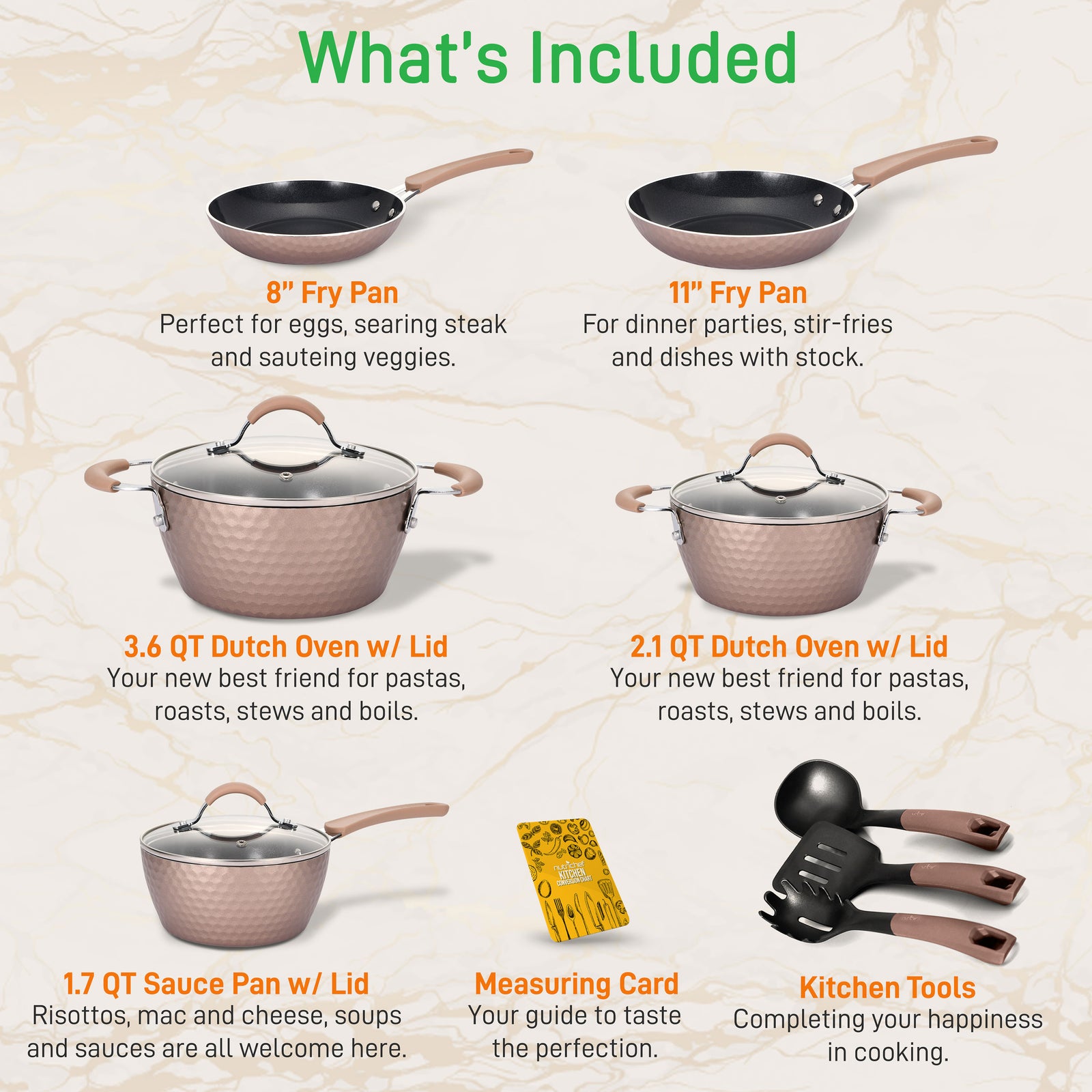 NutriChef 11 Piece Nonstick Diamond Pattern Kitchen Cookware Set, Allura Bronze - VMInnovations