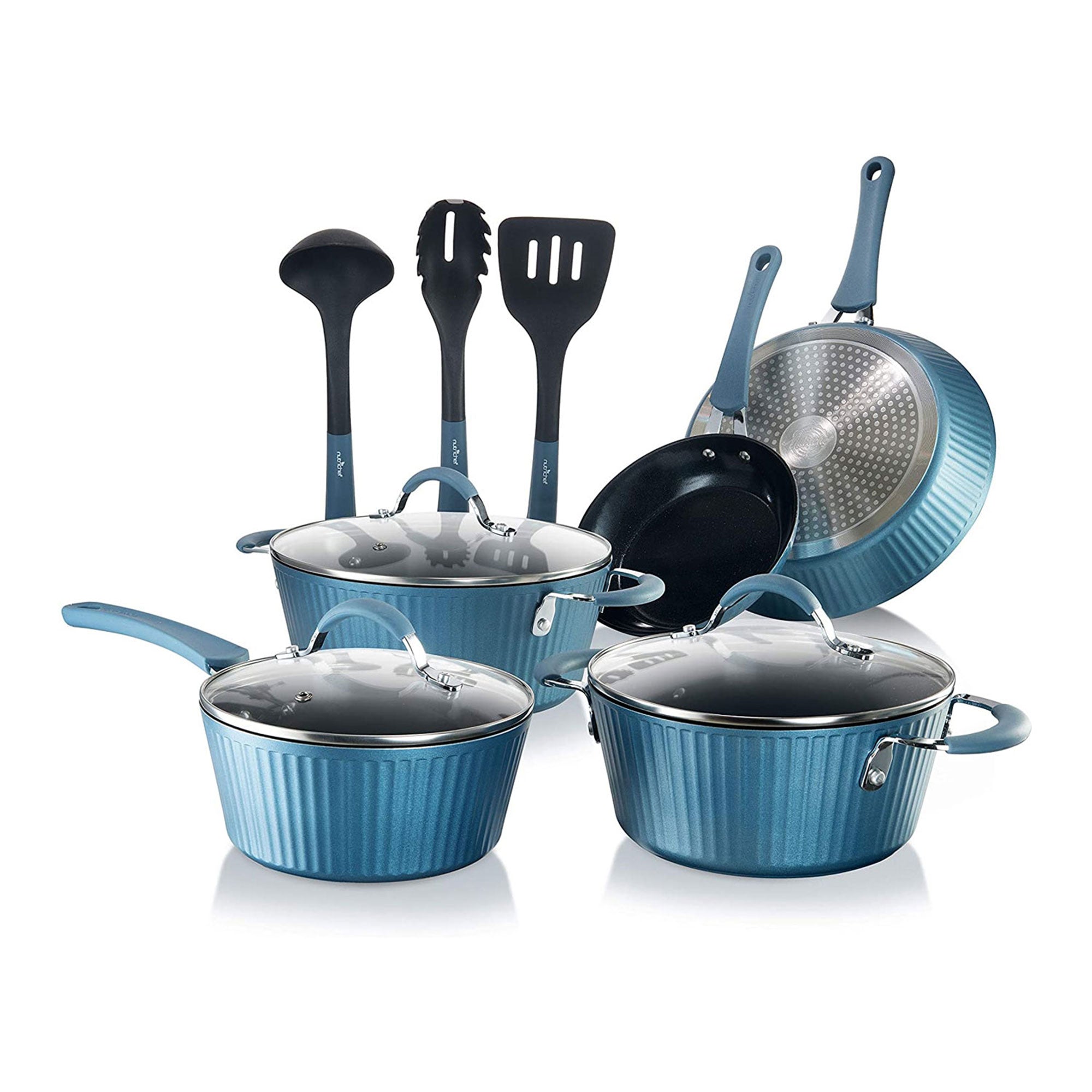 NutriChef 11 Piece Nonstick Stripe Kitchen Cookware Set, Royal Blue (For Parts)
