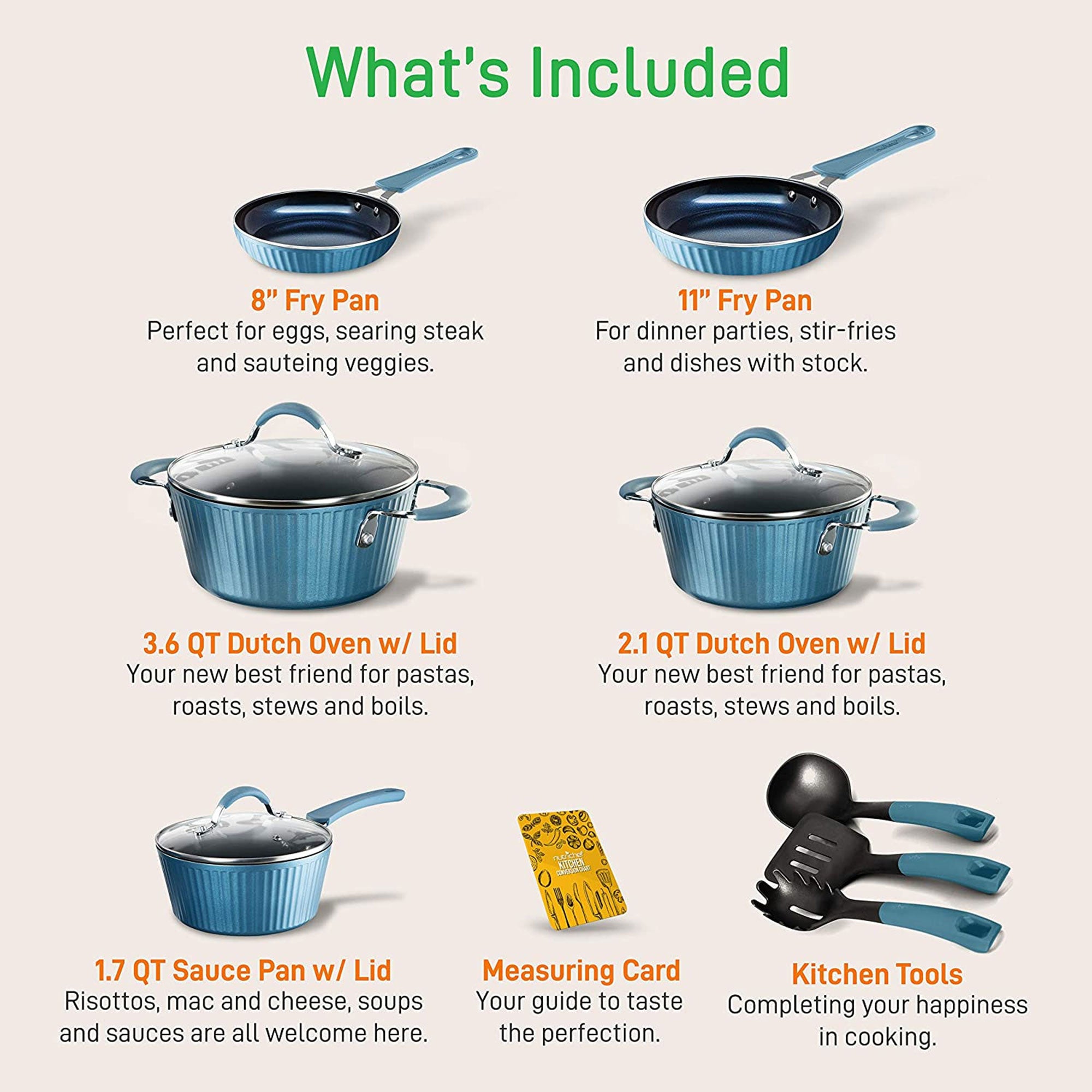 NutriChef 11 Piece Nonstick Stripe Kitchen Cookware Set, Royal Blue (Open Box)